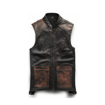 Men’s Brown Black Distressed Motorcycle Leather Vest