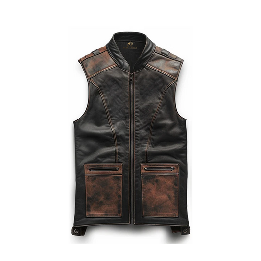 Men’s Brown Black Distressed Motorcycle Leather Vest