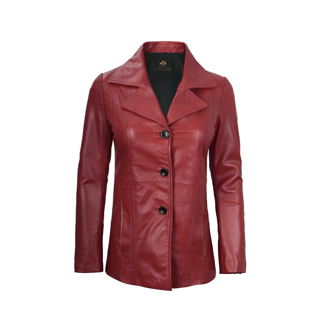 Womens Three Button Red Leather Blazer