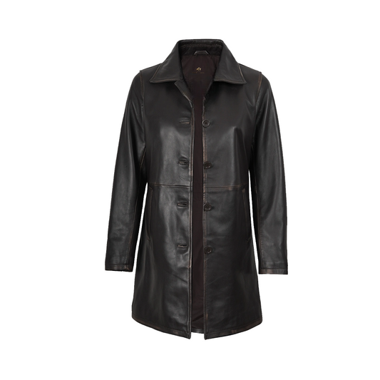 Women’s Real Leather Distressed Brown 3/4 Length Coat