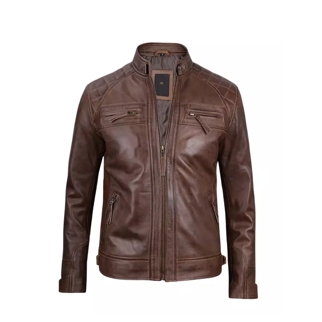 Mens Chocolate Brown Cafe Racer Quilted Leather Jacket