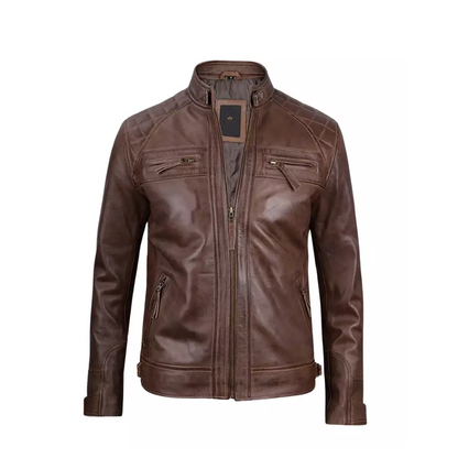 Mens Chocolate Brown Cafe Racer Quilted Leather Jacket