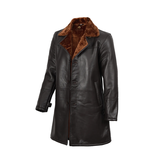 Mens Real Leather 3/4 Length Dark Brown Shearling Coat