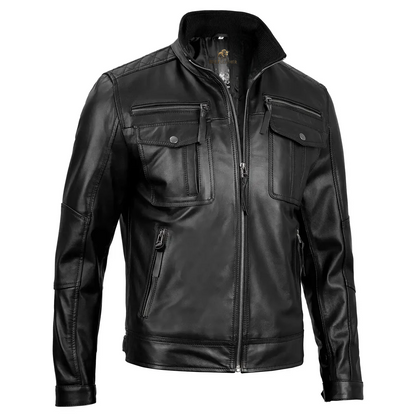 Mens Black Leather Style Cafe Racer Jacket