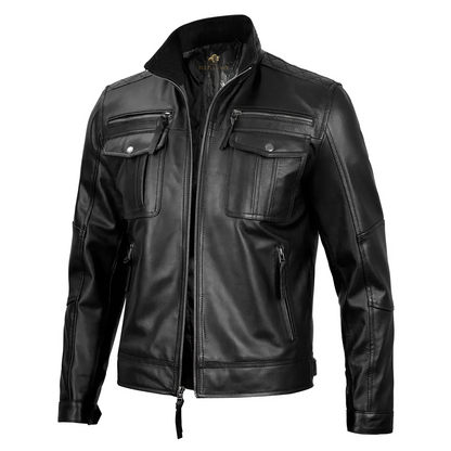Mens Black Leather Style Cafe Racer Jacket