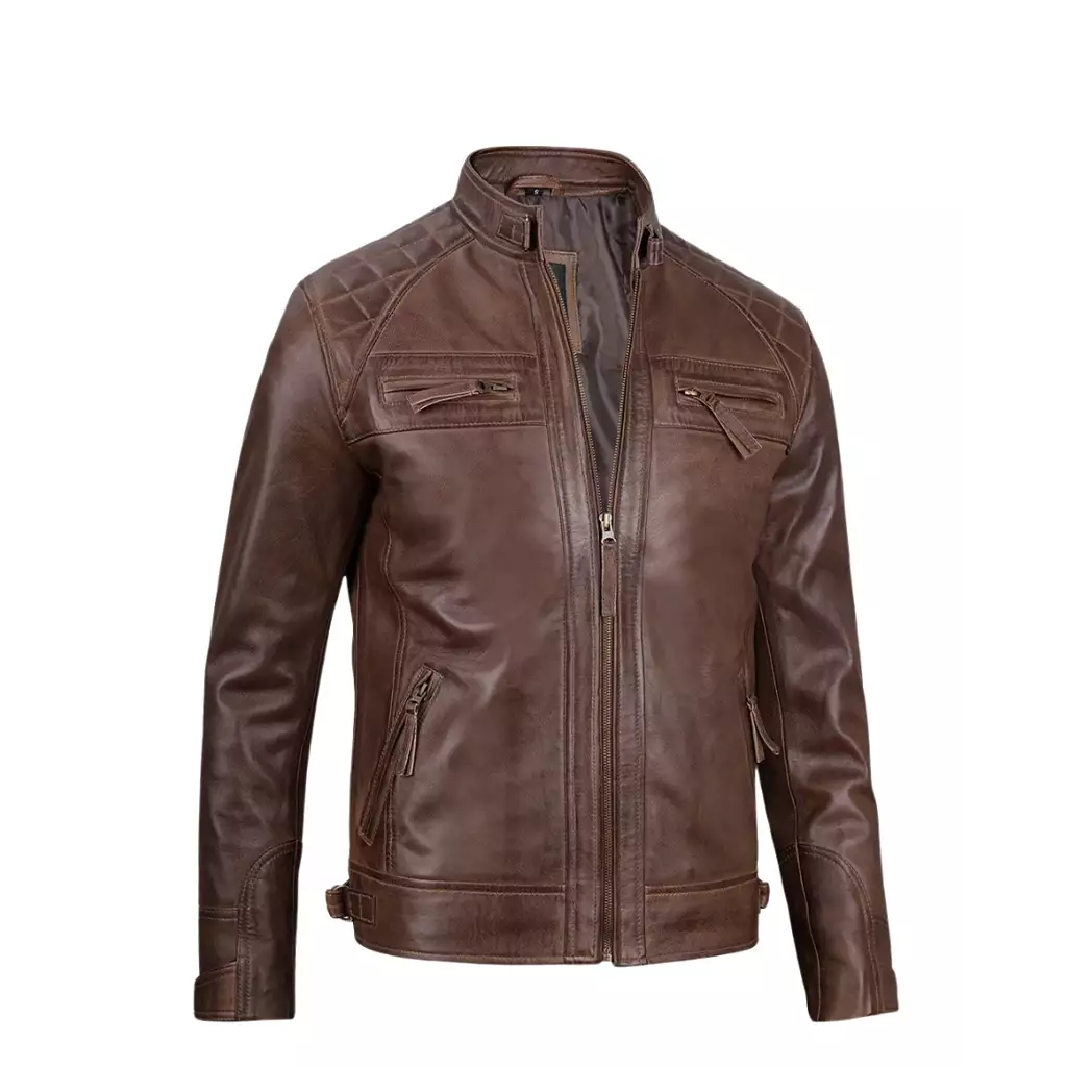 Mens Chocolate Brown Cafe Racer Quilted Leather Jacket