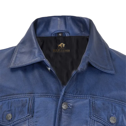 Men’s Blue Leather Trucker Jacket