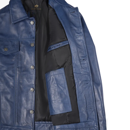 Mens Real Lambskin Leather Blue Trucker Jacket