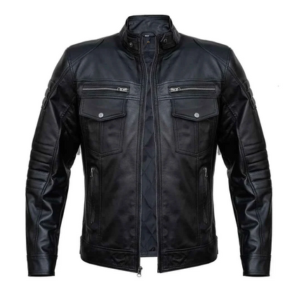 Mens Black Slim Fit Real Leather Biker Jacket