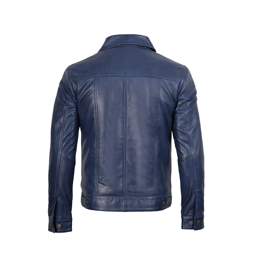 Mens Real Lambskin Leather Blue Trucker Jacket
