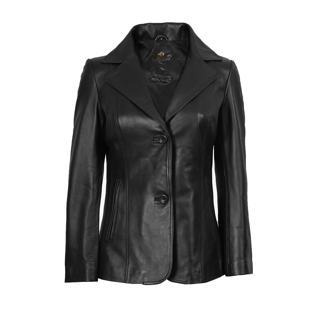 Womens Two Button Black Premium Leather Blazer