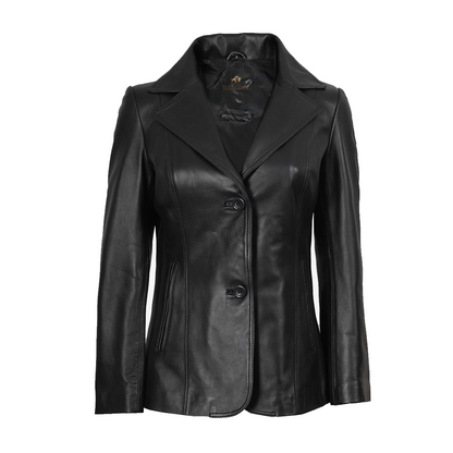 Womens Two Button Black Premium Leather Blazer