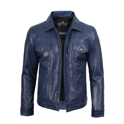 Mens Real Lambskin Leather Blue Trucker Jacket