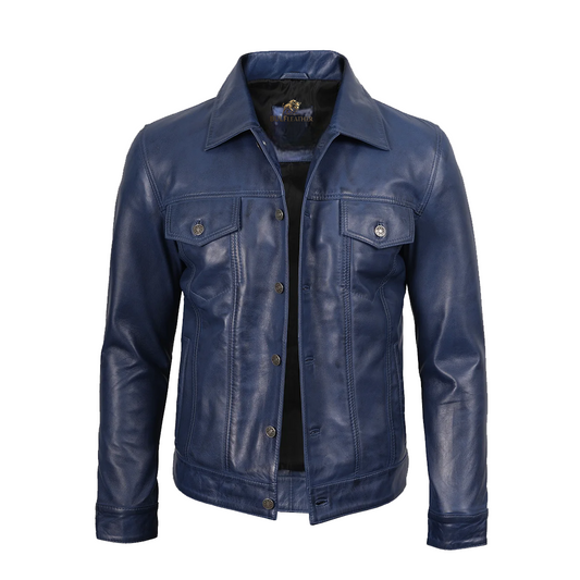 Mens Real Lambskin Leather Blue Trucker Jacket