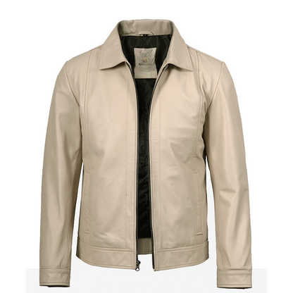 Men’s Beige Real Leather Harrington Jacket