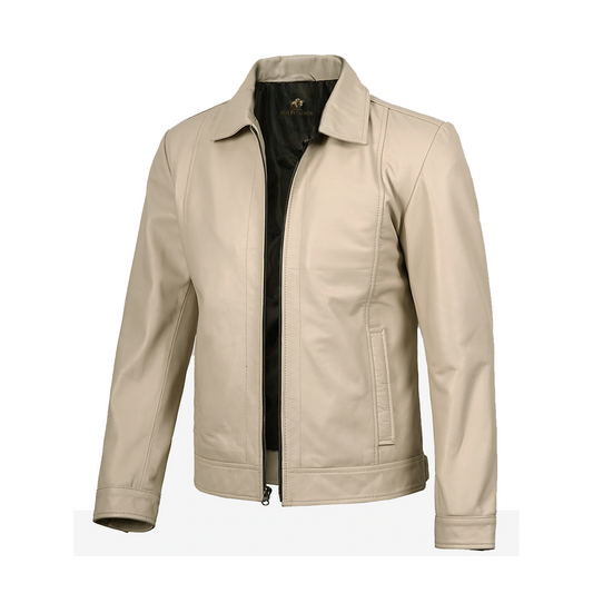 Men’s Beige Real Leather Harrington Jacket