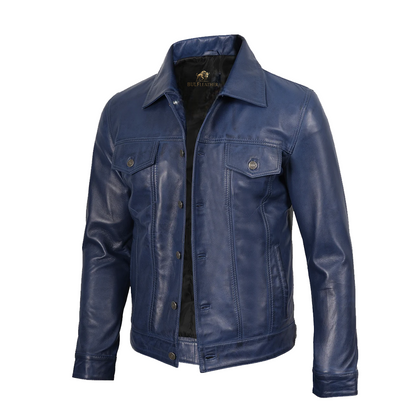 Mens Real Lambskin Leather Blue Trucker Jacket