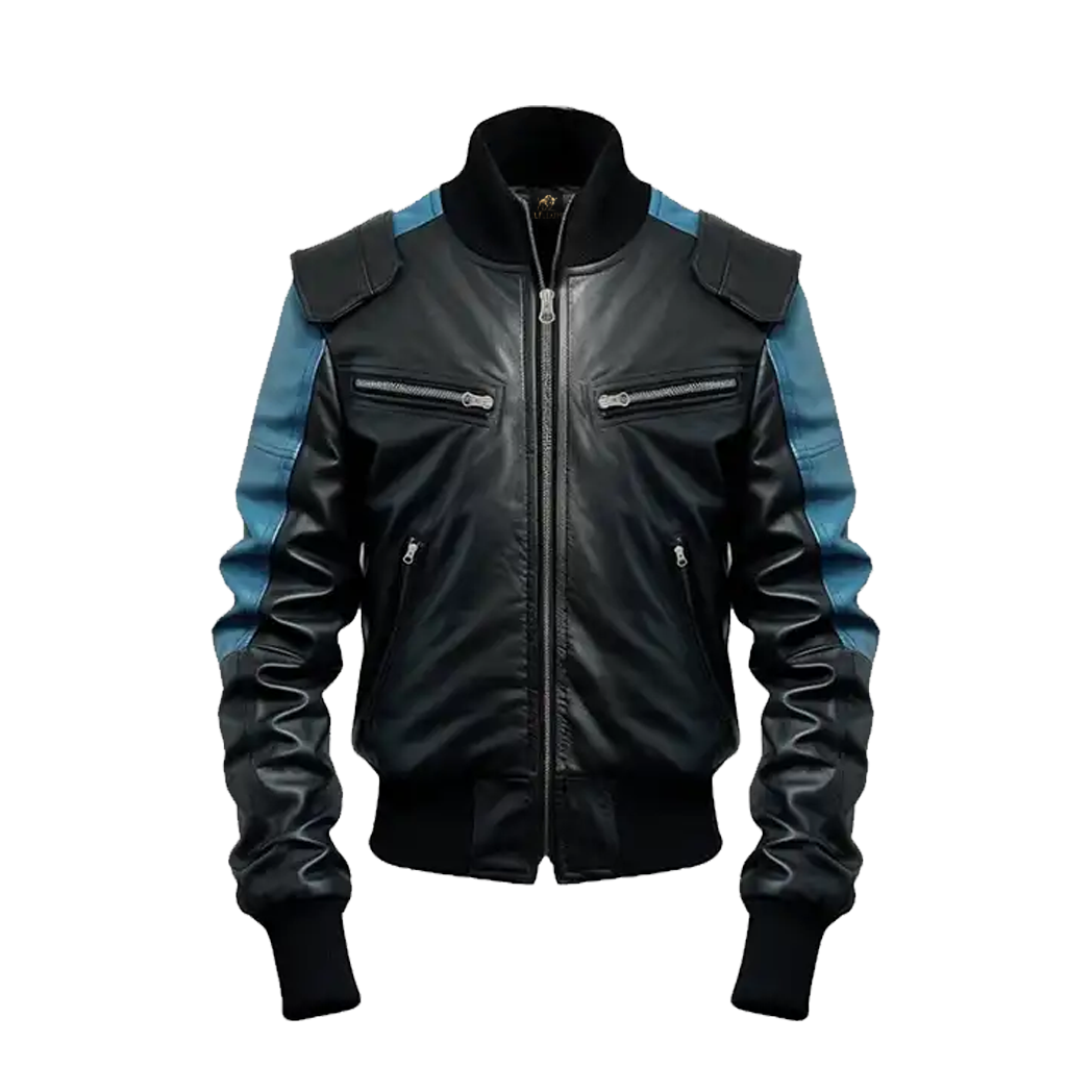 Men’s Black & Blue Bomber Leather Jacket