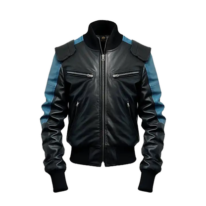 Men’s Black & Blue Bomber Leather Jacket