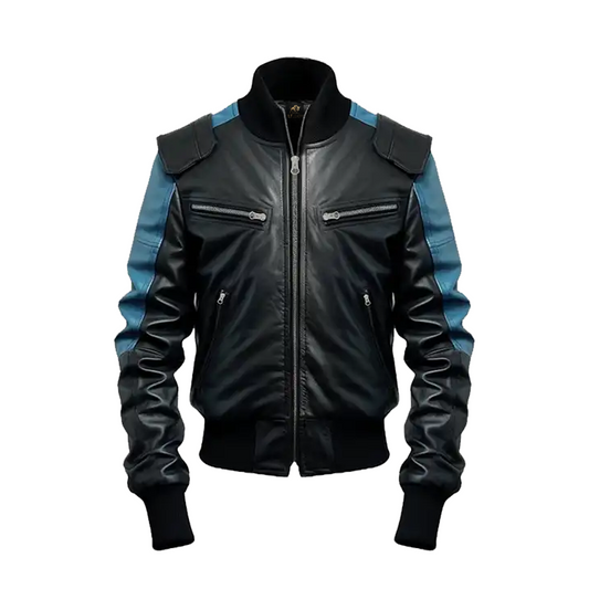 Men’s Black & Blue Bomber Leather Jacket