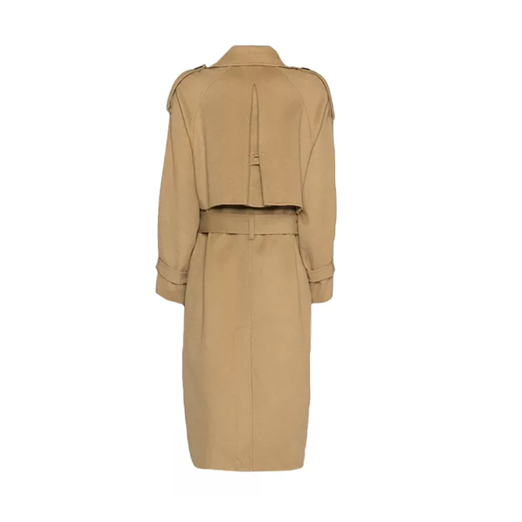 Womens Beige Double Breasted Wool Trench Coat