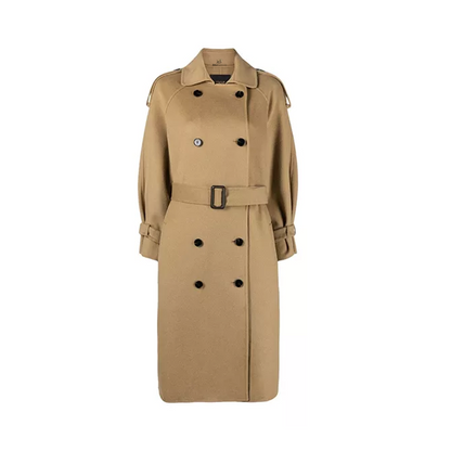 Womens Beige Double Breasted Wool Trench Coat