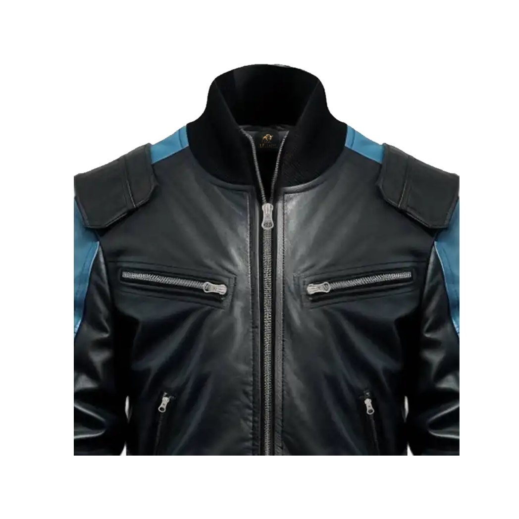 Men’s Black & Blue Bomber Leather Jacket