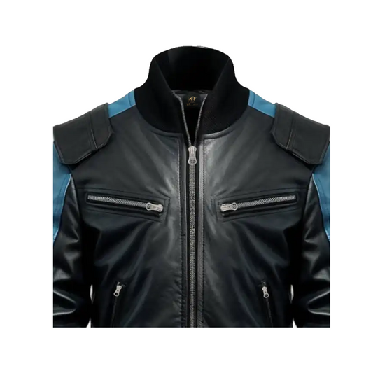 Men’s Black & Blue Bomber Leather Jacket
