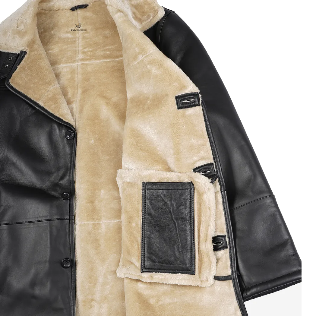 Men’s Black 3/4 Length Shearling Leather Coat