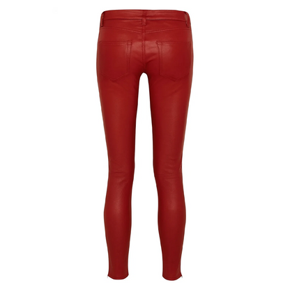 Womens Real Lambskin Red Skinny Leather Pant