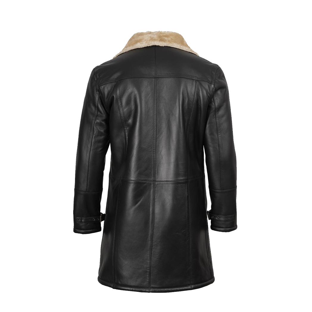 Men’s Black 3/4 Length Shearling Leather Coat