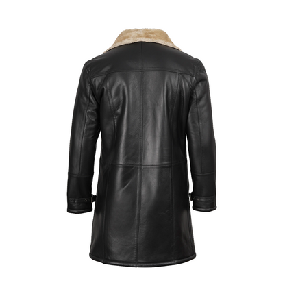 Men’s Black 3/4 Length Shearling Leather Coat