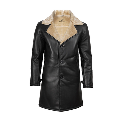 Men’s Black 3/4 Length Shearling Leather Coat