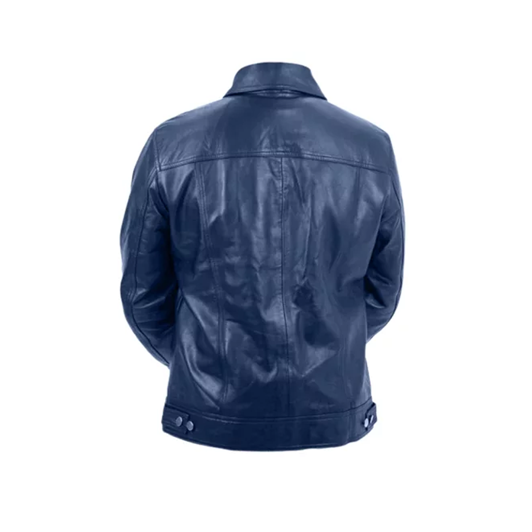 Mens Blue Leather Trucker Jacket