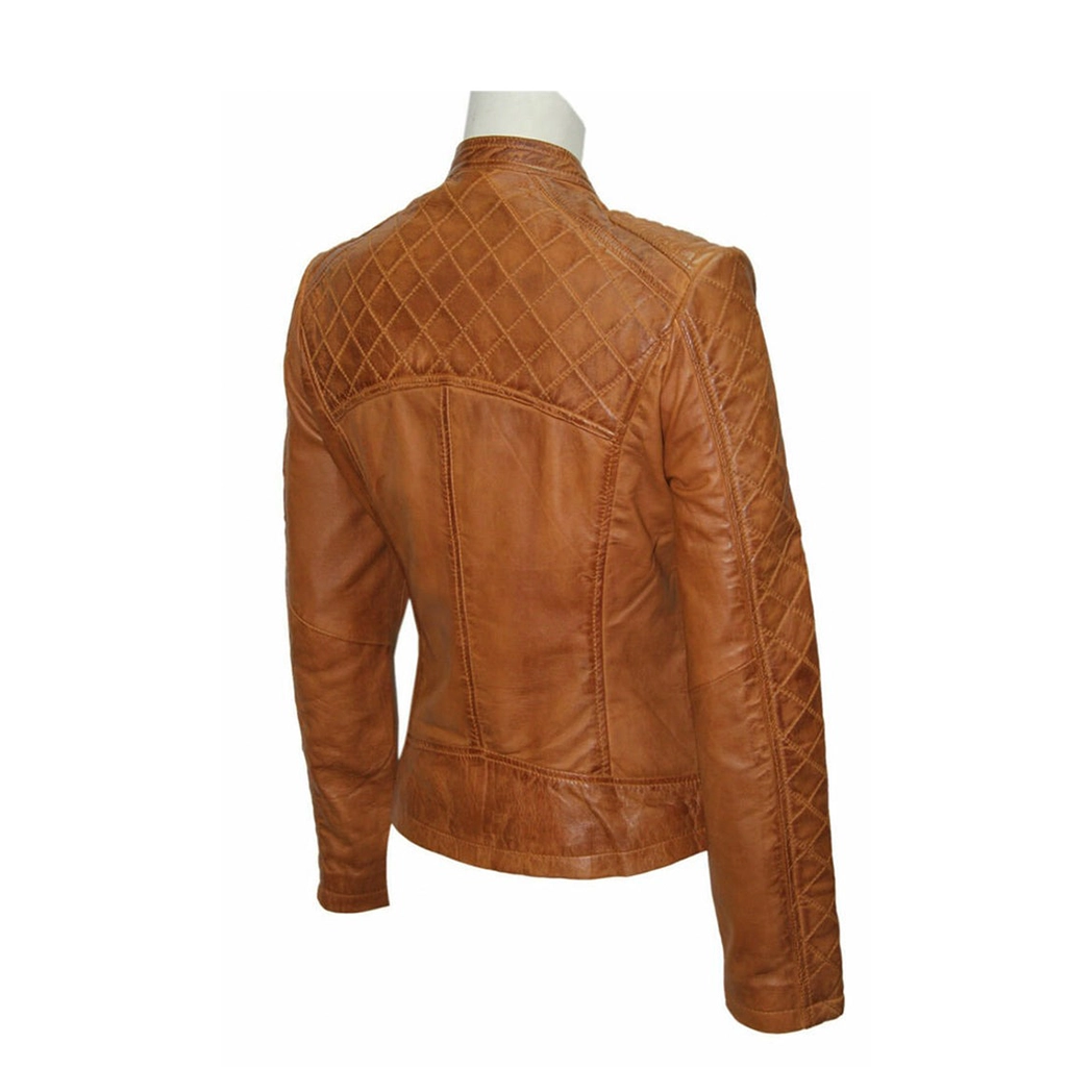 Women Slim Fit Brown Quilted Leather Jacket