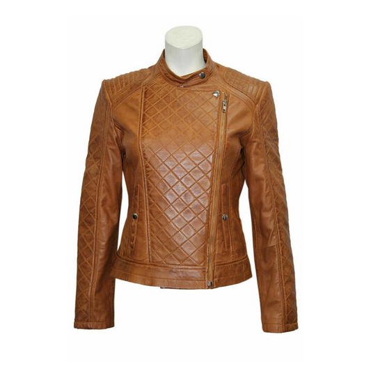 Women Slim Fit Brown Quilted Leather Jacket