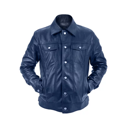 Mens Blue Leather Trucker Jacket