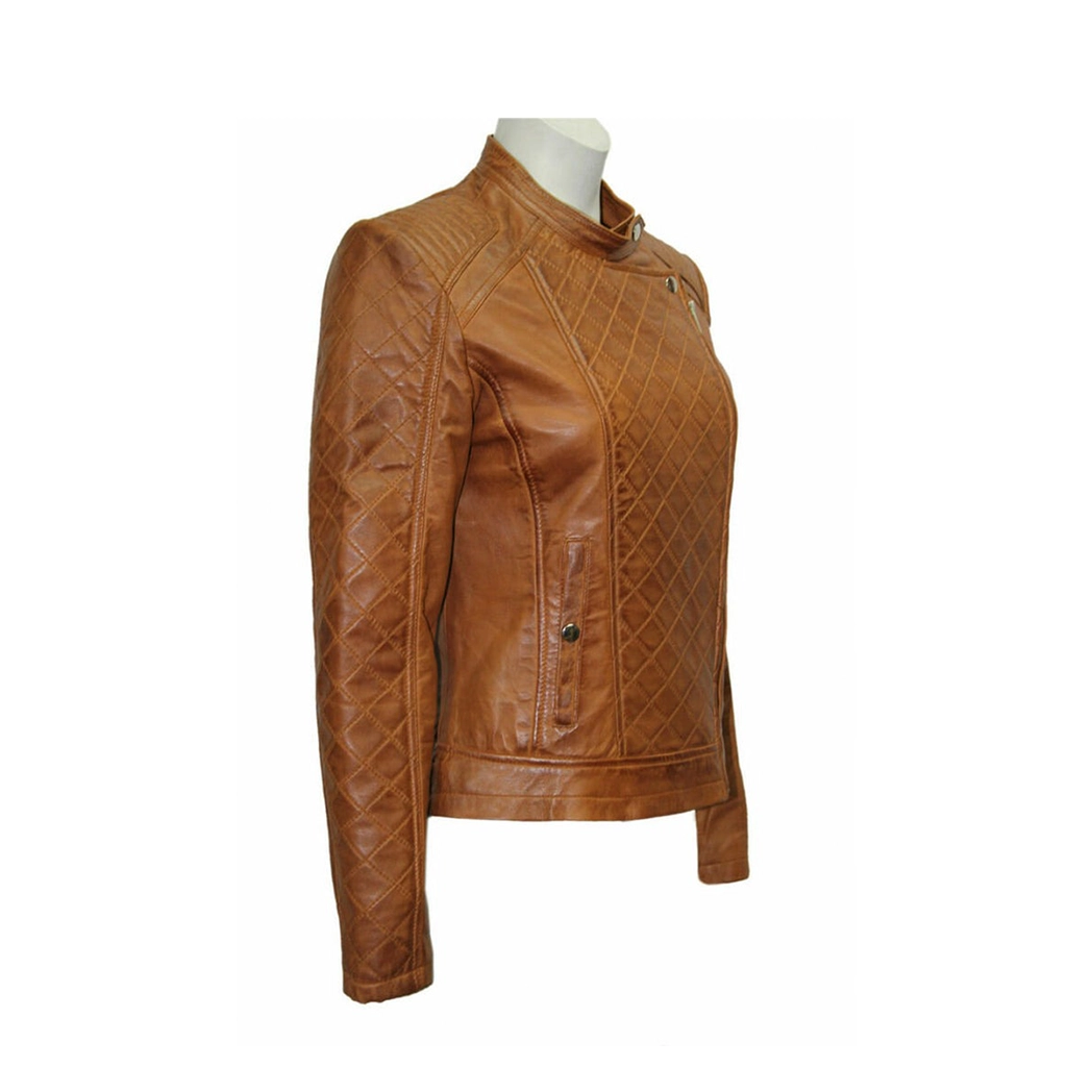 Women Slim Fit Brown Quilted Leather Jacket
