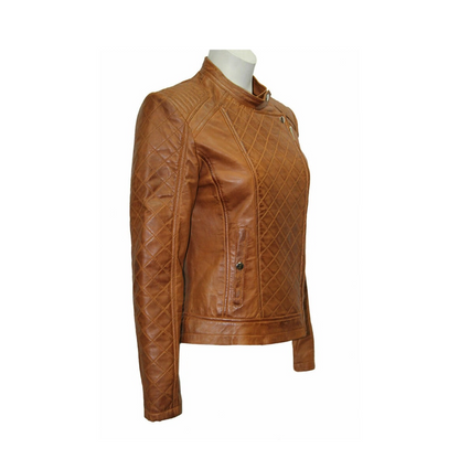 Women Slim Fit Brown Quilted Leather Jacket