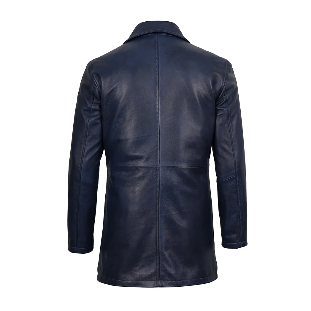 Mens 3/4 Length Blue Waxed Leather Car Coat