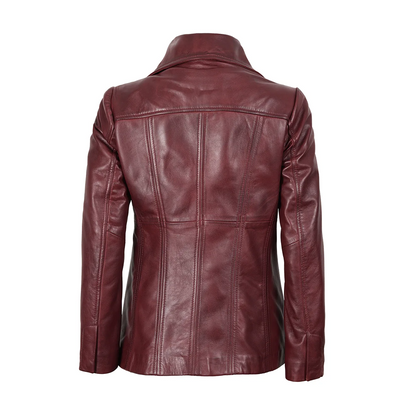 Womens Three Button Burgundy Leather Blazer