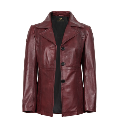 Womens Three Button Burgundy Leather Blazer