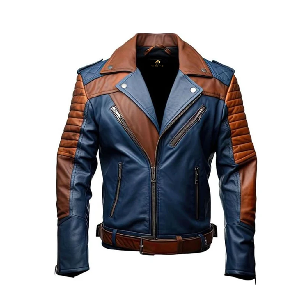 Mens Blue and Brown Leather Jacket