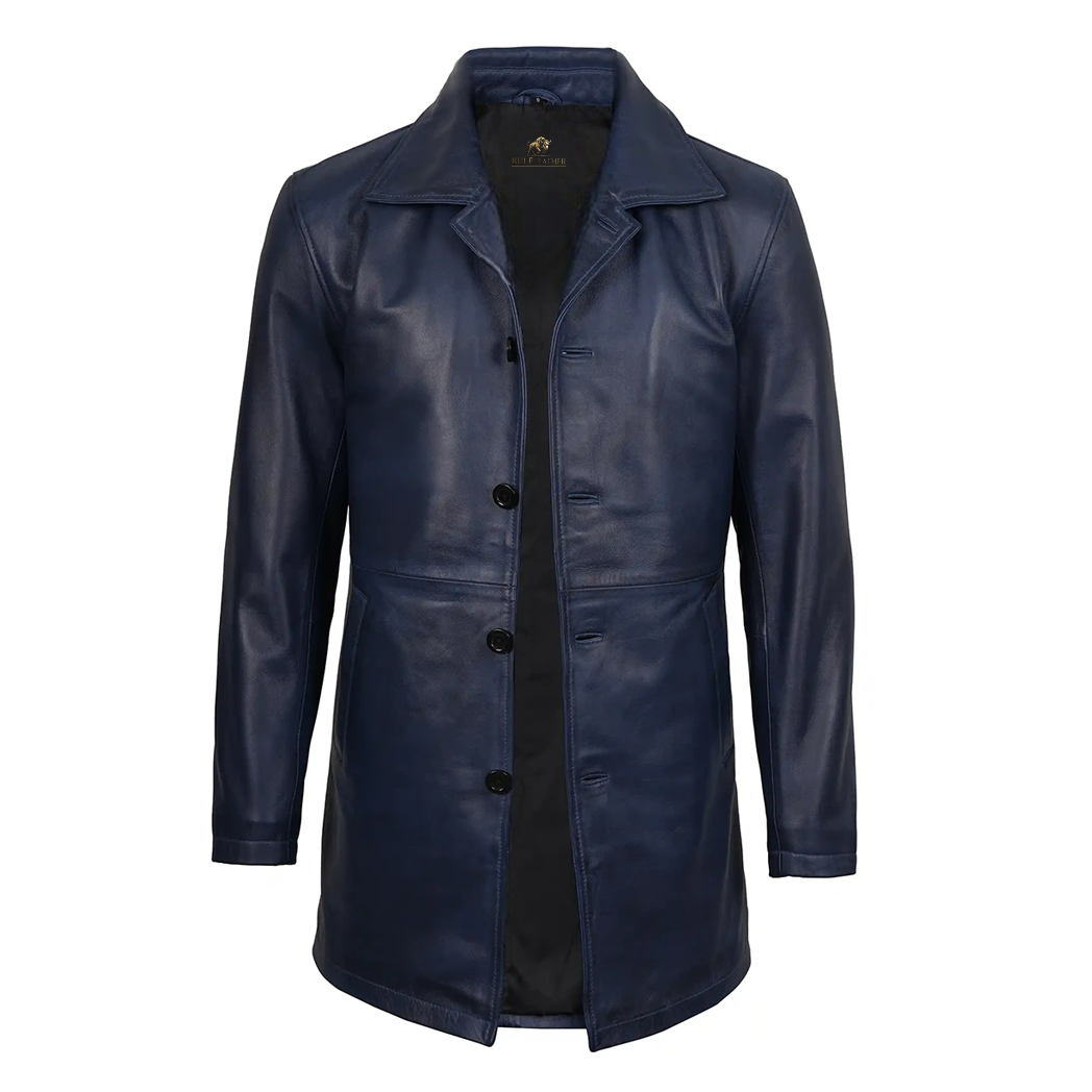 Mens 3/4 Length Blue Waxed Leather Car Coat