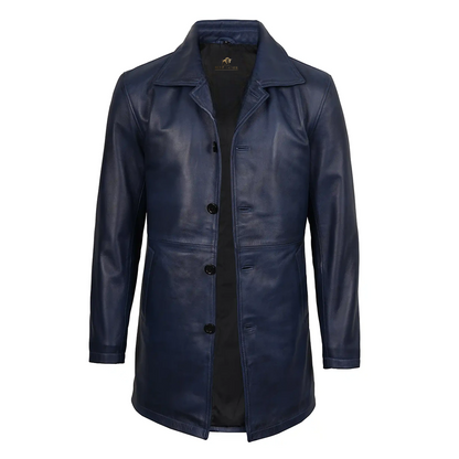 Mens 3/4 Length Blue Waxed Leather Car Coat