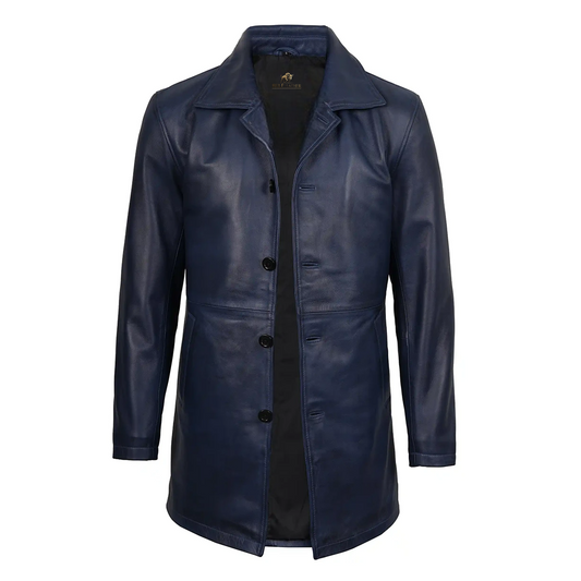 Mens 3/4 Length Blue Waxed Leather Car Coat