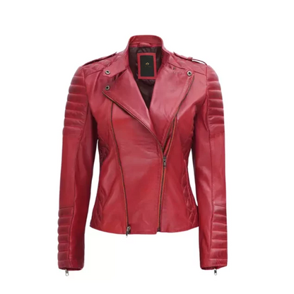 Women Burnt Red Biker Leather Jacket