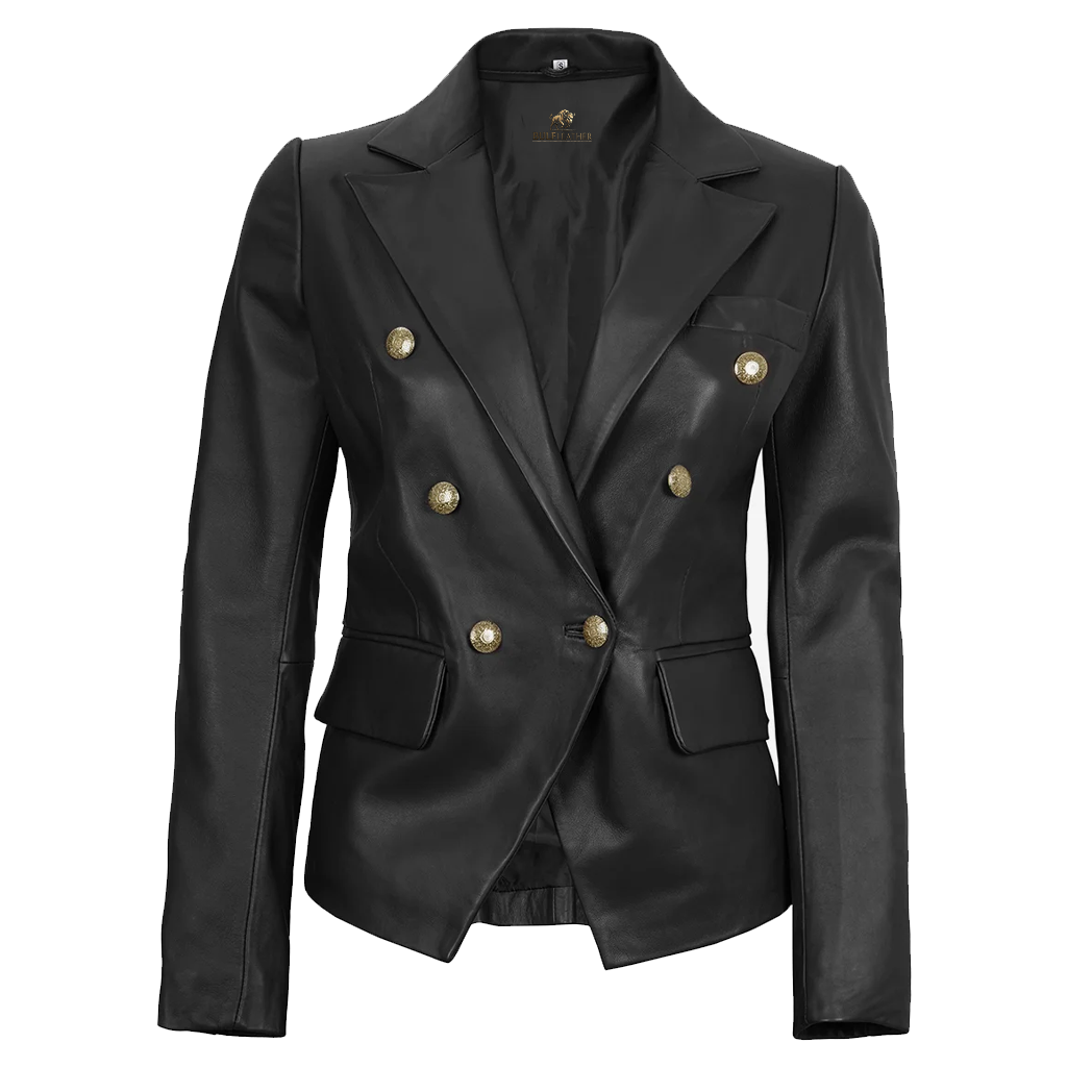 Women’s Double Breasted Black Leather Blazer