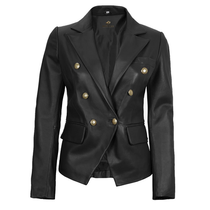 Women’s Double Breasted Black Leather Blazer