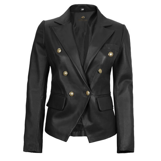 Women’s Double Breasted Black Leather Blazer